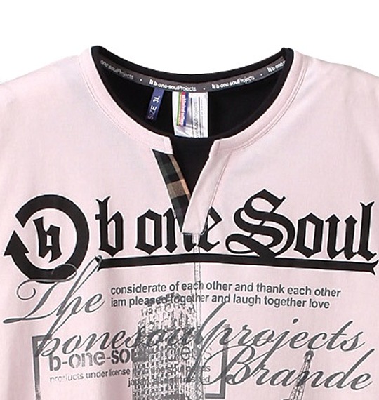 b-one-soul フェイク五分袖キーネックTシャツ ピンク×ブラック
