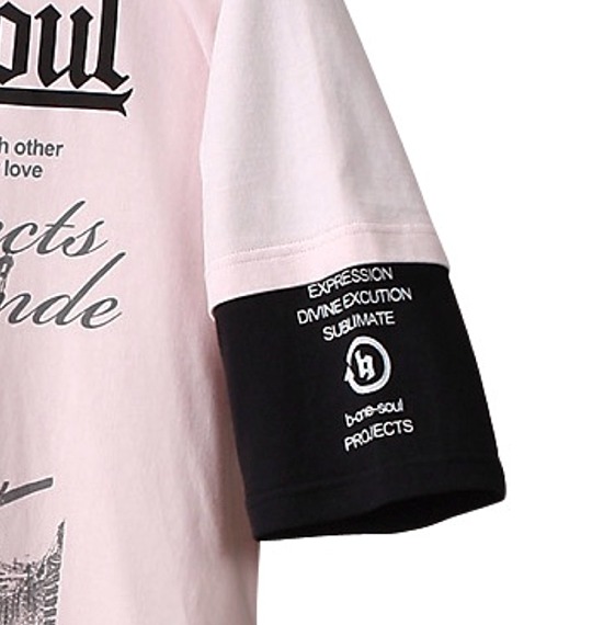 b-one-soul フェイク五分袖キーネックTシャツ ピンク×ブラック