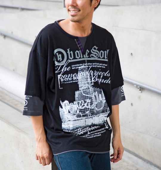 b-one-soul フェイク五分袖キーネックTシャツ ブラック×チャコール