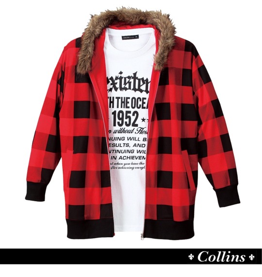 COLLINS ファー付パーカー+Tシャツ半袖 レッド×ホワイト