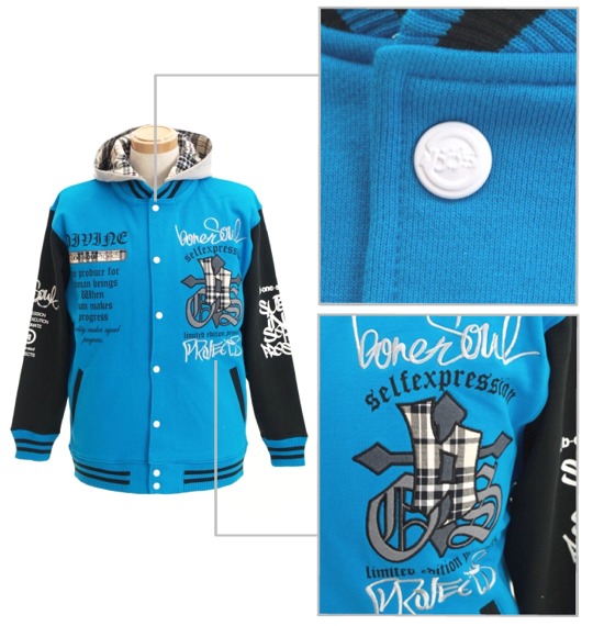 b-one-soul フード付スウェットスタジャン ターコイズ×ブラック