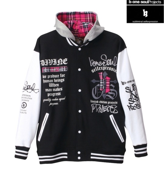 b-one-soul フード付スウェットスタジャン ブラック×ホワイト