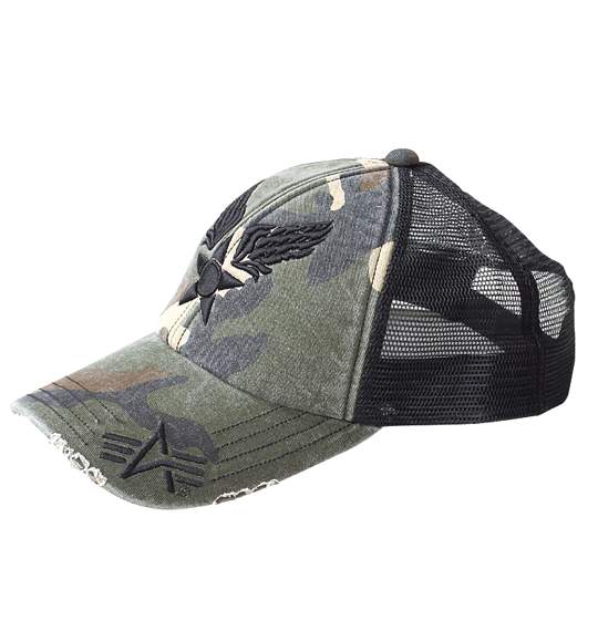 ALPHA INDUSTRIES ダメージ加工キャップ 迷彩柄×ブラック