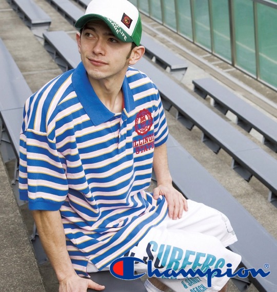 Champion ポロシャツ半袖 ブルー×ピンク