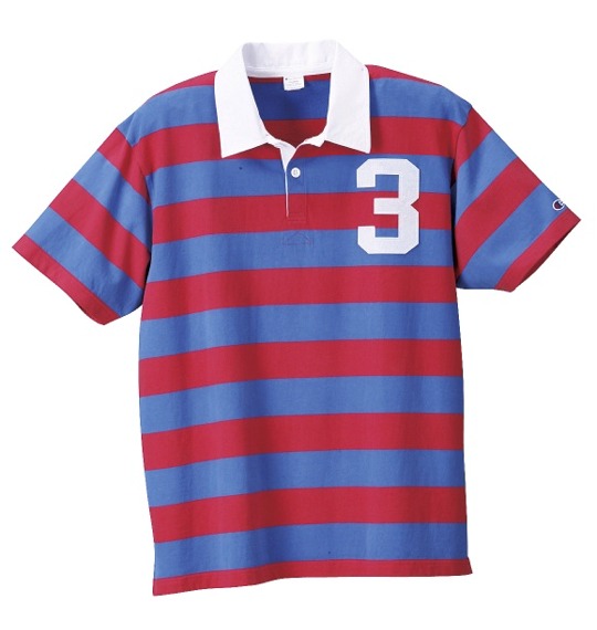 Champion ラガーシャツ半袖 レッド×ブルー
