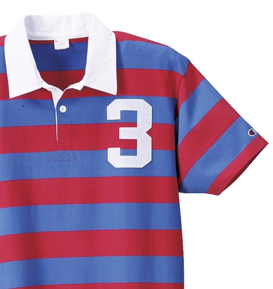 Champion ラガーシャツ半袖 レッド×ブルー