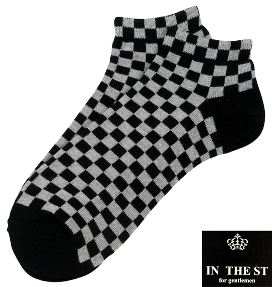  底パイルチェッカー柄ソックス ブラック×グレー