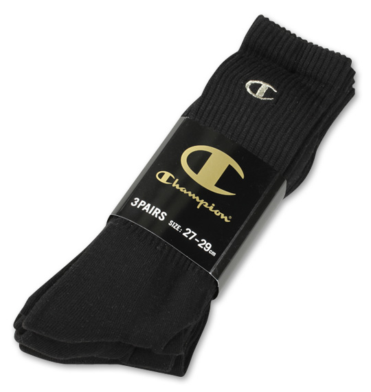 Champion 金刺繍フルレングス3Pソックス ブラック
