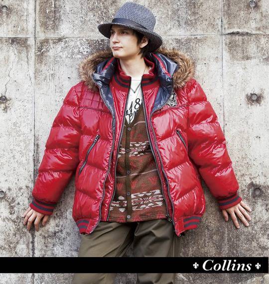 COLLINS ファー付W衿中綿ジャケット レッド