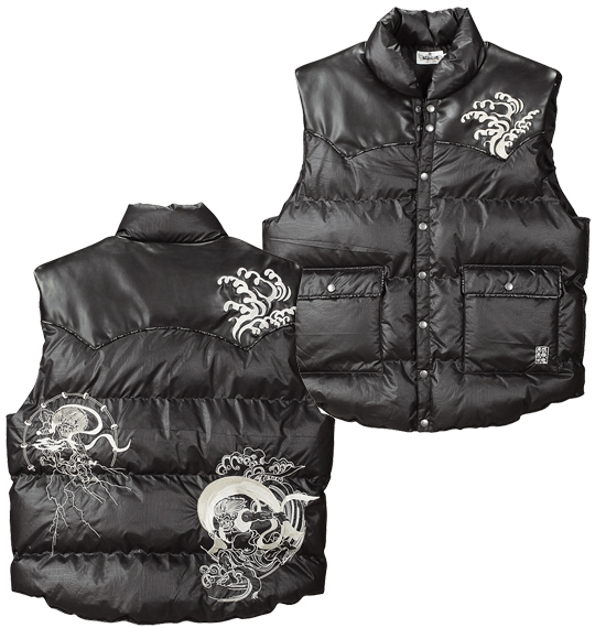 絡繰魂 風雷神刺繍中綿ベスト ブラック