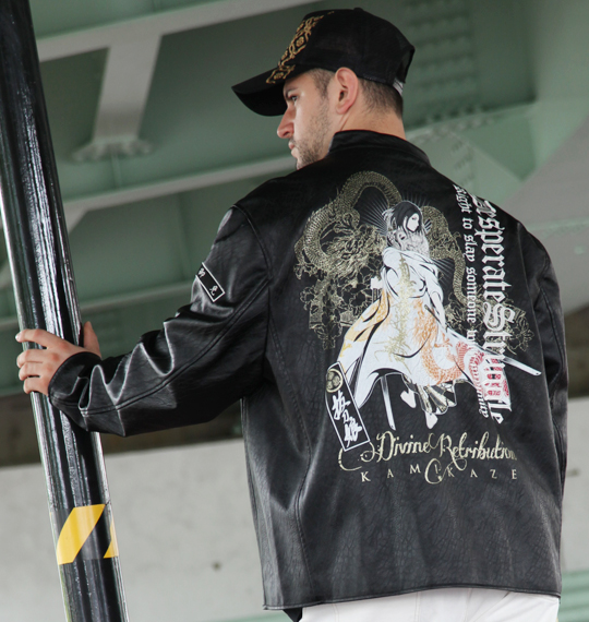 絡繰魂抜刀娘 PUレザーライダースジャケット ブラック