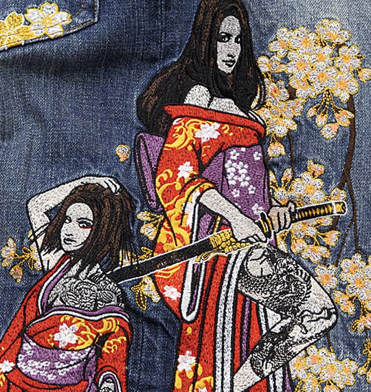 絡繰魂抜刀娘 刺繍スラブデニムパンツ ネイビー