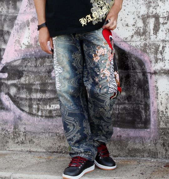 絡繰魂抜刀娘 刺繍ジャガードデニムパンツ ネイビー