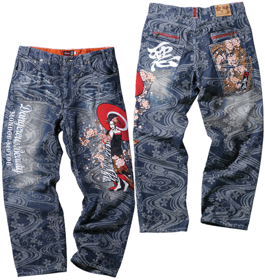 絡繰魂抜刀娘 刺繍ジャガードデニムパンツ ネイビー