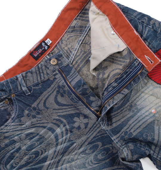 絡繰魂抜刀娘 刺繍ジャガードデニムパンツ ネイビー