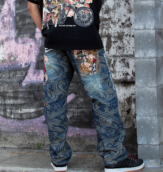 絡繰魂抜刀娘 刺繍ジャガードデニムパンツ ネイビー