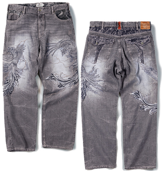 絡繰魂 双鳳凰刺繍デニムパンツ グレー