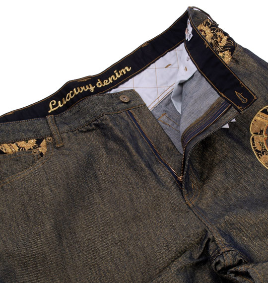 絡繰魂 家紋刺繍ラメデニムパンツ ネイビー×ゴールド