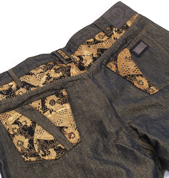 絡繰魂 家紋刺繍ラメデニムパンツ ネイビー×ゴールド