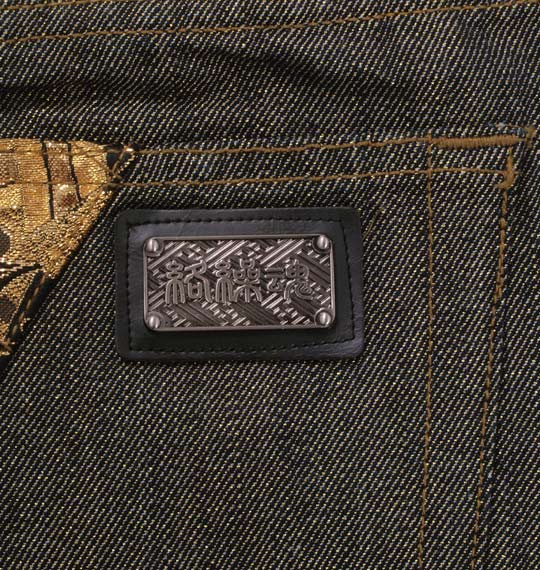 絡繰魂 家紋刺繍ラメデニムパンツ ネイビー×ゴールド