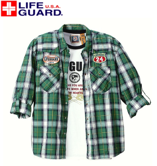 LIFE GUARD チェックシャツ+Tシャツ半袖 グリーン