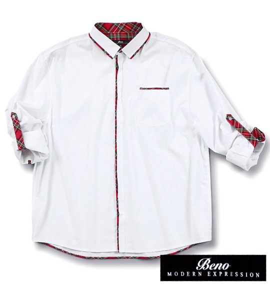 Beno ロールアップ切替チェックシャツ ホワイト×レッド系