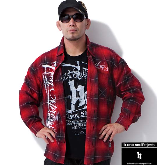 b-one-soul チェックシャツ+Tシャツ(半袖) レッド×ブラック