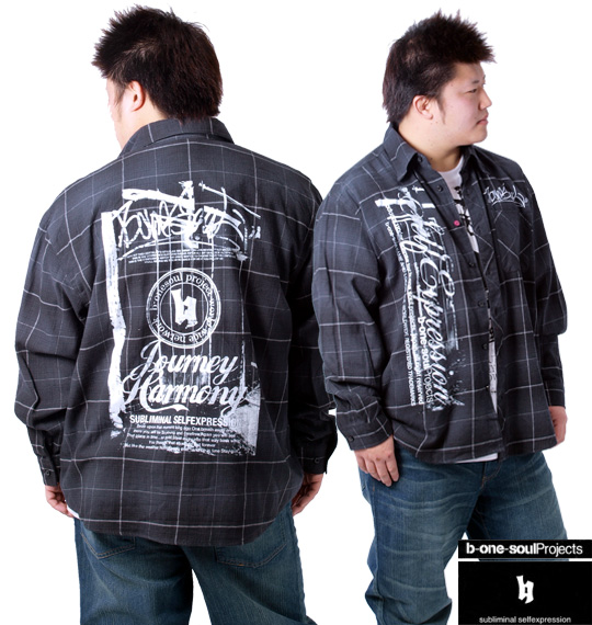 b-one-soul チェックシャツ+Tシャツ(半袖) ブラック×ホワイト
