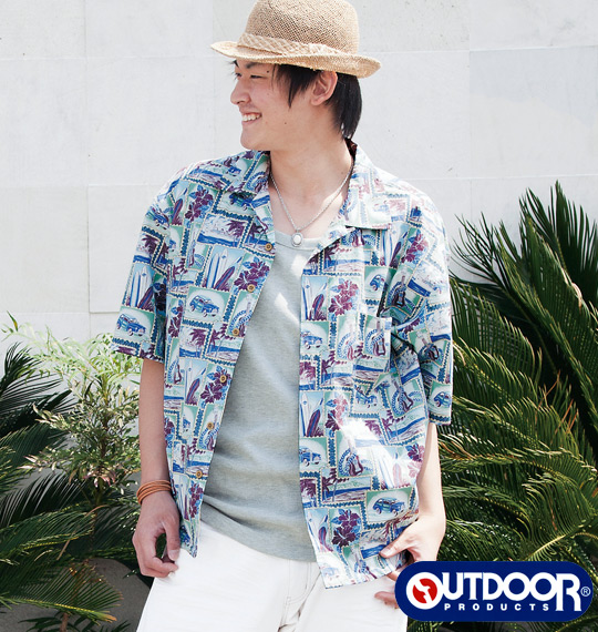 OUTDOOR PRODUCTS 半袖アロハシャツ ブルー系