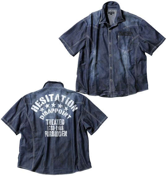 in the attic ヴィンテージプリント半袖デニムシャツ ネイビー