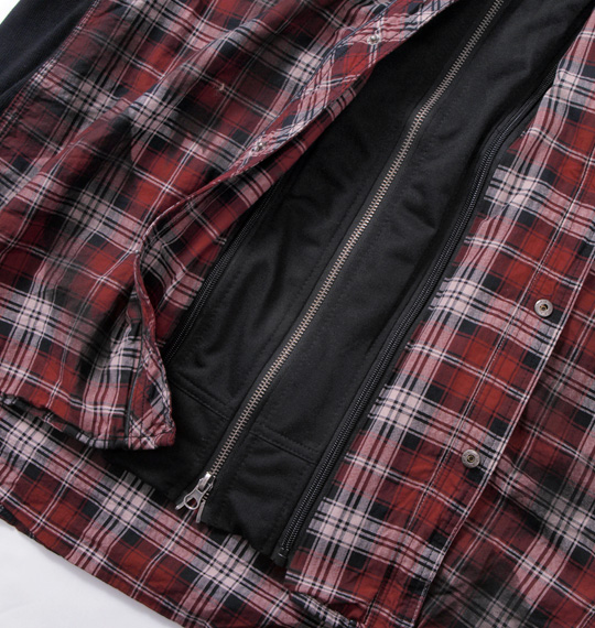 in the attic バックル付フェイクパーカー半袖シャツ レッド×ブラック