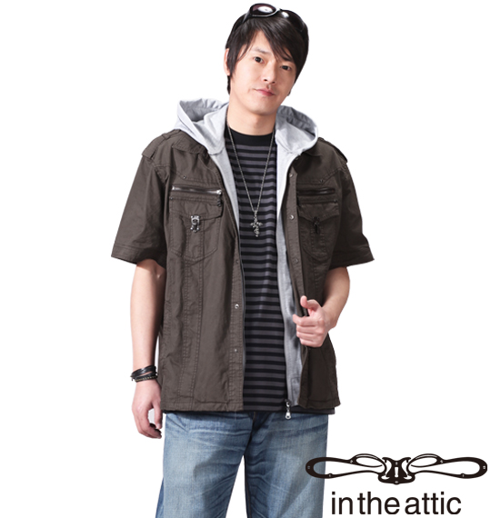 in the attic バックル付フェイクパーカー半袖シャツ カーキ