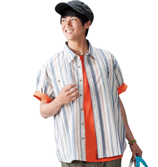 OUTDOOR PRODUCTS ストライプ半袖シャツ ネイビー系