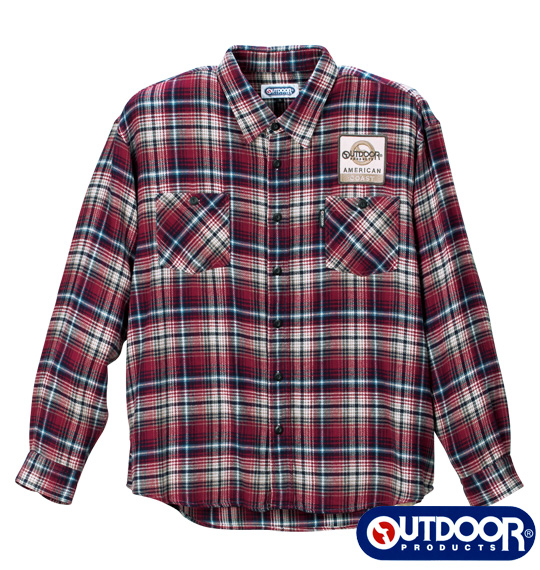 OUTDOOR PRODUCTS ワッペン付チェック長袖シャツ レッド系