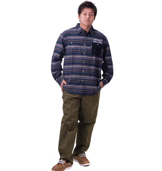 OUTDOOR PRODUCTS コーデュロイ切替ボーダー長袖シャツ ネイビー×パープル