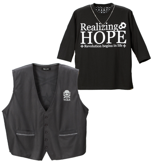 WILD LIFE ベスト+七分袖Tシャツ チャコール×ブラック