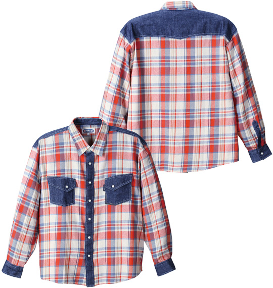 OUTDOOR PRODUCTS デニム切替チェック長袖シャツ オレンジ系