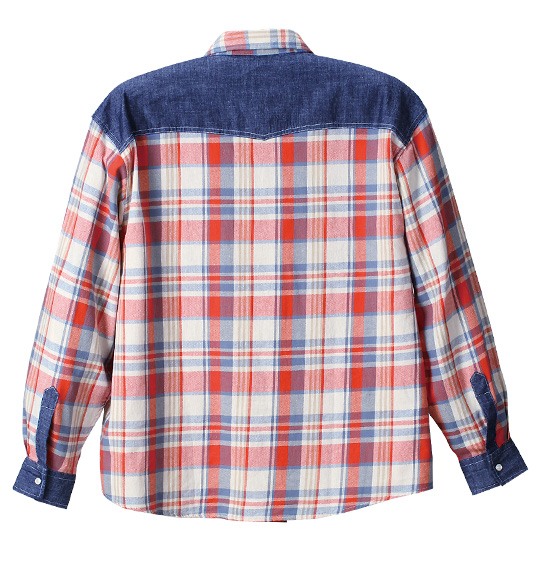 OUTDOOR PRODUCTS デニム切替チェック長袖シャツ オレンジ系