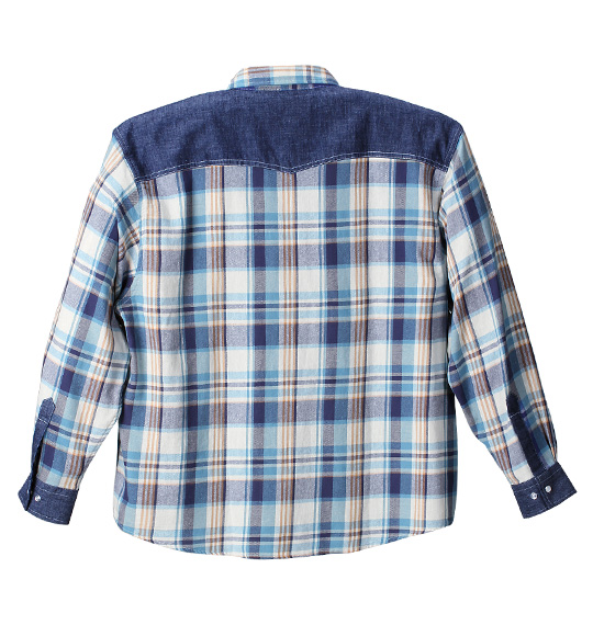 OUTDOOR PRODUCTS デニム切替チェック長袖シャツ ネイビー系