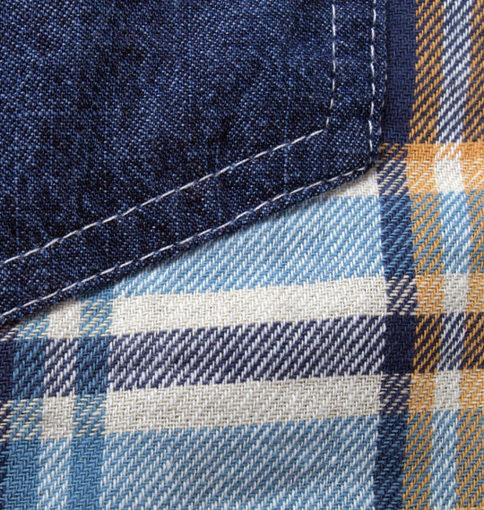 OUTDOOR PRODUCTS デニム切替チェック長袖シャツ ネイビー系