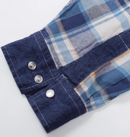 OUTDOOR PRODUCTS デニム切替チェック長袖シャツ ネイビー系