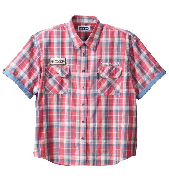 OUTDOOR PRODUCTS ワッペン付チェック半袖シャツ レッド×ネイビー