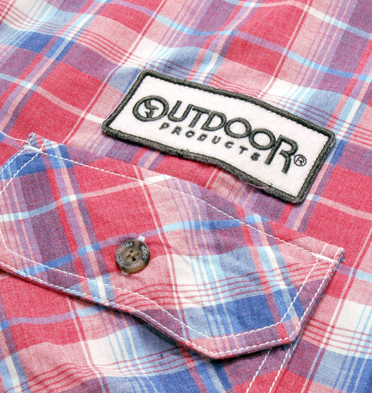 OUTDOOR PRODUCTS ワッペン付チェック半袖シャツ レッド×ネイビー