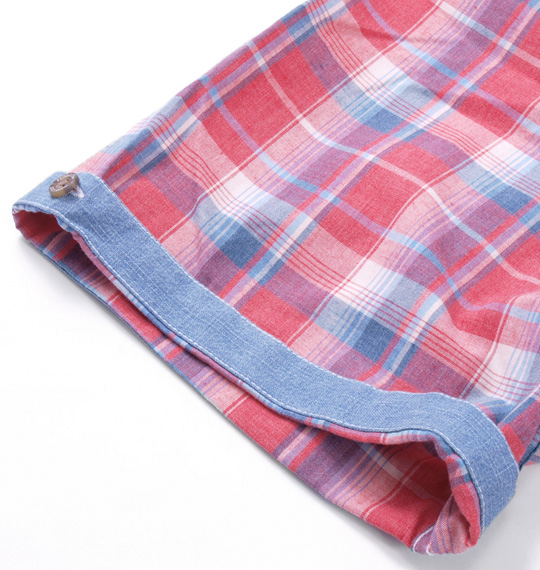 OUTDOOR PRODUCTS ワッペン付チェック半袖シャツ レッド×ネイビー