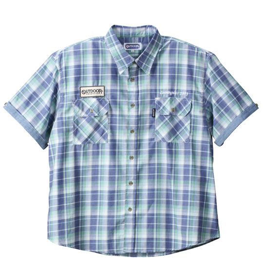 OUTDOOR PRODUCTS ワッペン付チェック半袖シャツ ネイビー×グリーン