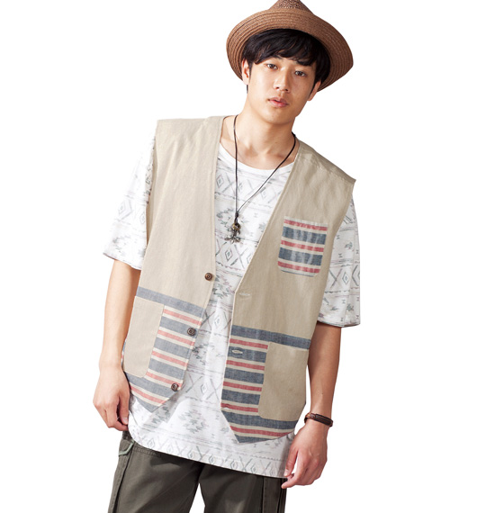launching pad シャンブレーボーダー使いベスト+半袖Tシャツ ベージュ系
