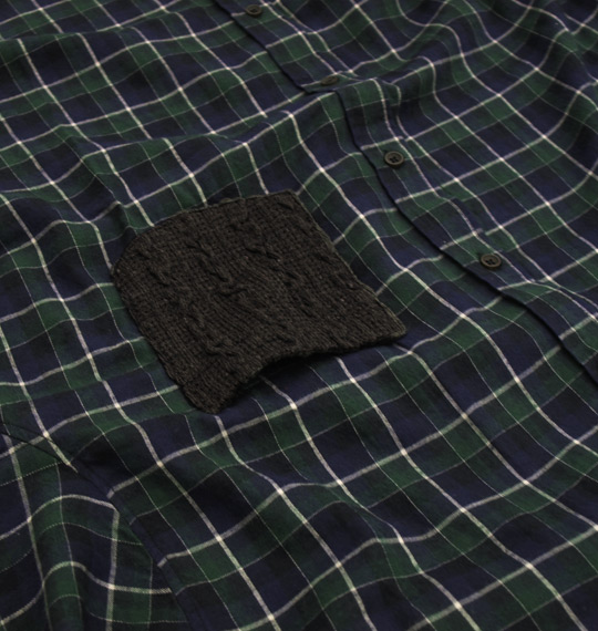 Free gate 起毛チェック×ニット長袖シャツ グリーン系