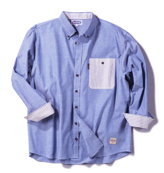 OUTDOOR PRODUCTS 異素材使いダンガリーB.D長袖シャツ ブルー
