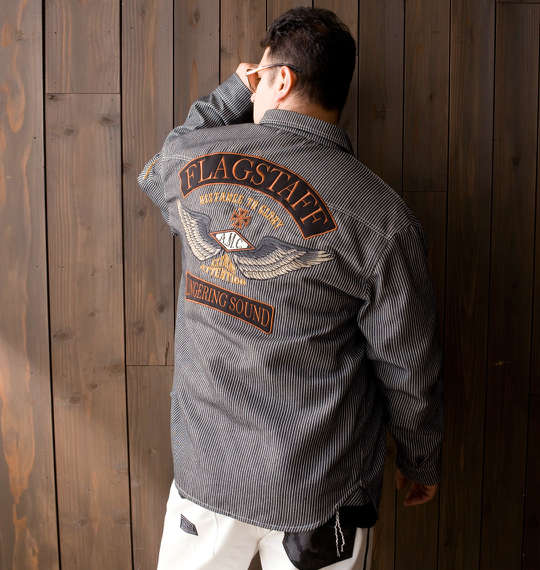 FLAGSTAFF 刺繍ヒッコリー長袖シャツ ブラック×オフホワイト