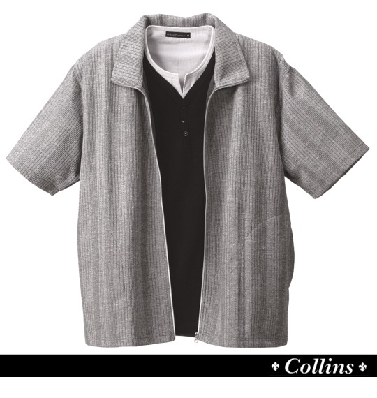 COLLINS ジップスタンド+Vヘンリー半袖 モクグレー×ブラック